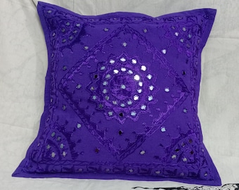 Purple Bohemian Pillow Cover: Indian Embroidered Mirror Work, 16'' Square
