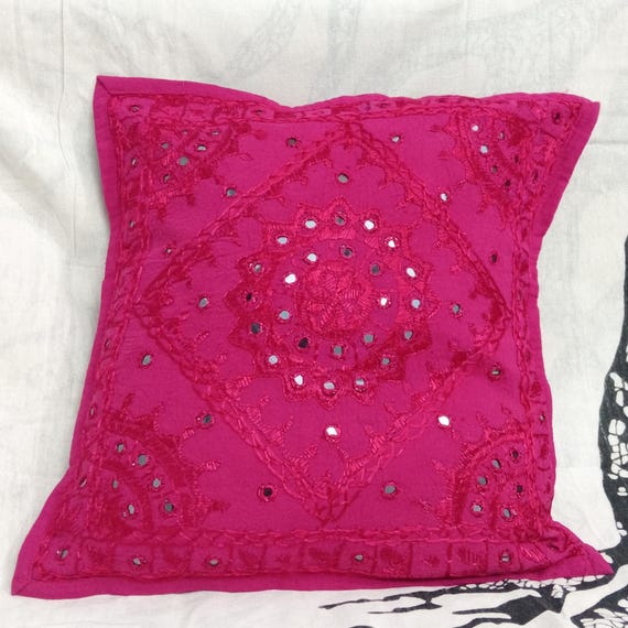 Pink Indian Cushion Cover: Handmade Bohemian Mirror Work Embroidery, 16'' Square Sham
