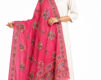 Pink Hand Embroidered Mirror Work Cotton Dupatta, Ethnic Indian Traditional Phulkari Style women Wrap