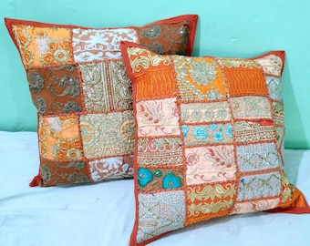 Handmade Orange Patchwork Cushion Cover: Embroidered Indian Sari Pillow Cover