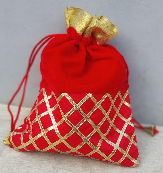 Red Velvet Gota Pouch: Indian Wedding Favor Bags (7x9 inch)