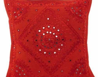 Red Indian Handmade Bohemian Mirror Work Embroidery Cushion Cover Large Bedroom Couch Pillows Handmade 16'' Sham Decorative Throw Square