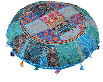 22 inch 18 inch Blue Round Floor Cushion Bohemian Yoga Meditation Pillow Covers Indian Embroidered Colorful Cushions Indian Handmade