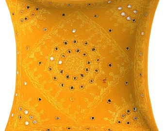 Yellow Indian Handmade Bohemian Mirror Work Embroidery Cushion Cover Large Bedroom Couch Pillows 16'' Sham Decorative Throw Square