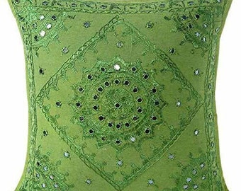 Light Green Indian Handmade Bohemian Mirror Work Embroidery Cushion Cover Large Bedroom Couch Pillows 16'' Sham Decorative Throw Square