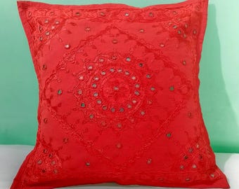 Red Bohemian Mirror Embroidery Cushion Cover: Handmade Throw Pillow Sham 16 inch Square