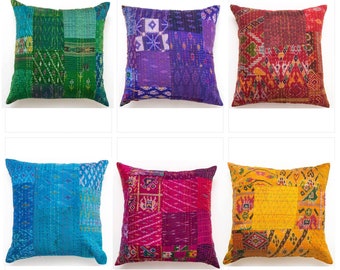 Silk Patchwork Pillow Cover, Indian Ethnic Cushion Cover, Sari Pillow Set, 16x16 Pillow, Decorative Cushion, Boho Throw Pillow