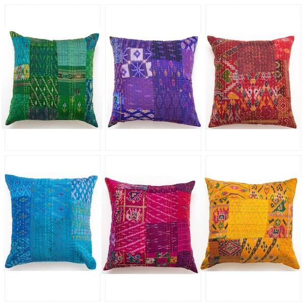 2 pct zijden patchwork kussensloop, Indiase etnische kussenhoes, Sari kussenset, 16x16 kussen, decoratief kussen, Boho sierkussen