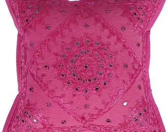 Pink Indian Handmade Bohemian Mirror Work Embroidery Cushion Cover Large Bedroom Couch Pillows Handmade 16'' Sham Decorative Throw Square