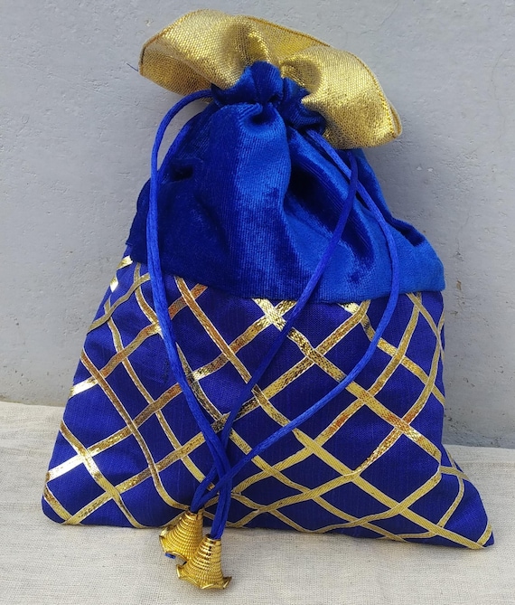 Handmade Velvet Gota Pouch: Blue Indian Wedding Favor Potli Bag (7x9 inch)