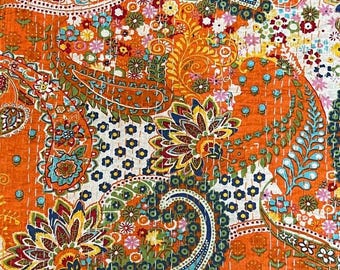 Handmade Indian Kantha Quilt: Paisley Block Print Cotton Bedspread King / Queen  / Twin Size