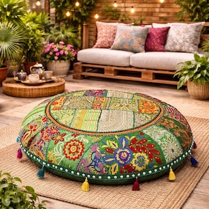 Fodera per cuscino da pavimento ricamata: cuscino indiano in stile boho, 56 cm (22 pollici)