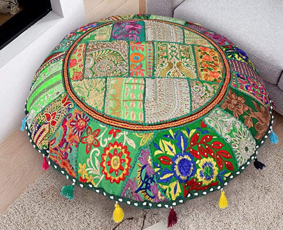 Green Round Floor Cushion Bohemian Yoga Meditation Pillow Cushion Covers Indian Embroidered Colorful Cushions Indian Pillow Size 22 inch