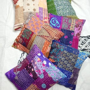 5 Pc Vintage Silk Kantha Pillow Cover Set: Handmade Patchwork Cushions (16x16)