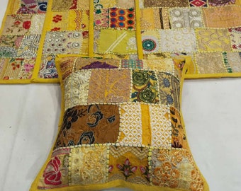 5 Pc Wholesale Handmade Cushion Covers Patchwork Pillow Covers Hand Embroidered Cushion Cases Indian Sari Patchwork Decorative Throw Pillow