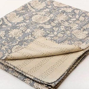 Gray Floral Kantha Quilt: Block Print Indian Cotton Bedspread Bedsheet AC Blanket All Sizes