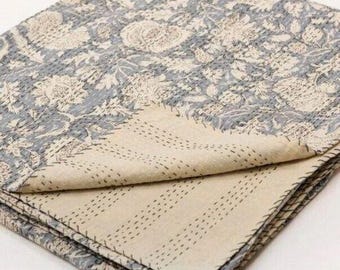 Gray Floral Kantha Quilt: Block Print Indian Cotton Bedspread Bedsheet AC Blanket All Sizes