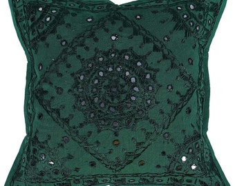 Dark Green Bohemian Mirror Work Embroidery Cushion Cover Large Bedroom Couch Pillows Handmade 16'' Sham Decorative Throw Square