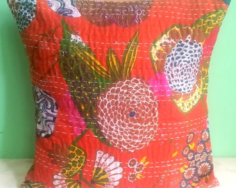 Orange Kantha CUSHION COVER Pillow Case 16 x 16 inch Flower Printed Home Decor