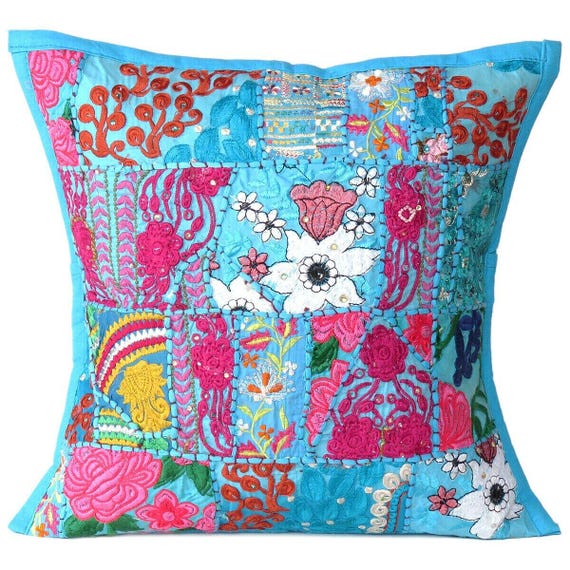 Housse De Coussin Indienne En Patchwork De Sari – 16x16 Pouces, Motifs Multicolores