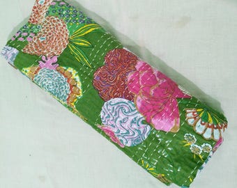 Green Fruit Print Kantha Quilt: Indian Cotton Bedspread Twin/ Queen/ King Size