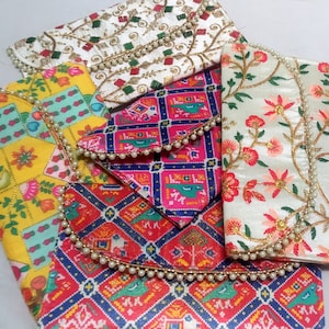 Lot de 1 à 100 cadeaux de mariage pour invités, pochette/porte-monnaie/pochettes pour femme indienne, pochette imprimée à la main Sangeet Mehndi