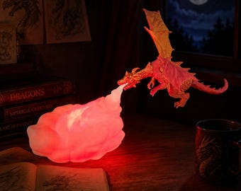 Dragon Breath Lamp (red-gold), 3D printed fire-breathing dragon, LED lamp, multi-color lighting, fantasy interior, night lamp