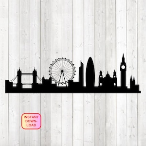 Op de afbeelding: Zwart silhouet van de skyline van Londen, met de Tower Bridge, de London Eye en Big Ben. De achtergrond is een witte houten textuur. Een roze en gele doos met de tekst "INSTANT DOWNLOAD".
