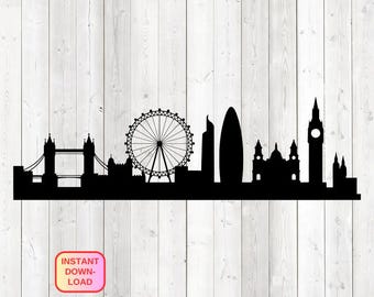 Panorama londonien, bâtiments célèbres, sites touristiques. Fichier de découpe vectoriel pour Silhouette Cameo et Cricut ; SVG, Studio3, PNG + EPS.