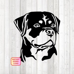 Op de afbeelding: Een zwart-wit silhouet van een Rottweiler-hondenkop. Het gezicht van de hond is gedetailleerd met zijn ogen, neus en mond. De afbeelding bevat een roze, oranje en gele vierkant met de tekst "INSTANT DOWNLOAD".