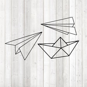 Avion et bateau en papier ; origami; formes de papier. Fichier de découpe vectorielle pour Silhouette Cameo et Cricut ; SVG, Studio3, PNG + EPS.