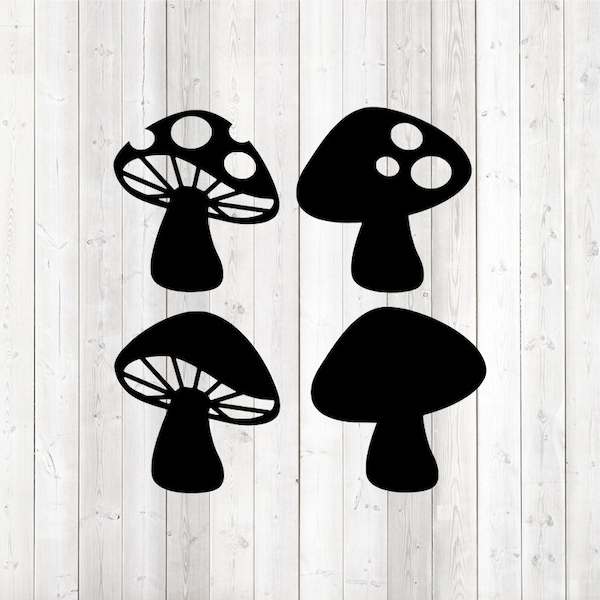 Set of mushrooms with and without dots. Vector cutting file for Silhouette Cameo and Cricut; SVG, Studio3, PNG + EPS.