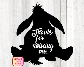 Citation : « Merci de m’avoir remarqué. » Âne aux grandes oreilles. Fichier de découpe vectoriel pour Silhouette Cameo et Cricut ; SVG, Studio3, PNG + EPS.