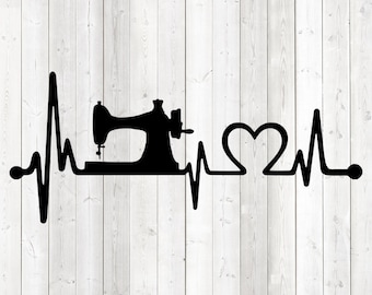 Heartbeat with sewing machine and heart. Vector cutting file for Silhouette Cameo and Cricut; SVG, Studio3, PNG + EPS.