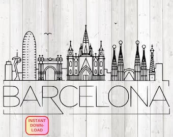 Vue panoramique de Barcelone, avec tous ses bâtiments emblématiques. Fichier de découpe vectoriel pour Silhouette Cameo et Cricut ; SVG, Studio3, PNG + EPS.