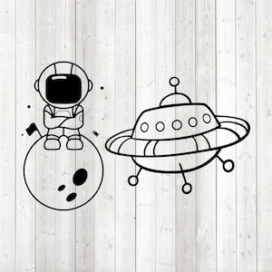Astronaut op de maan en Ufo. Vector snijbestand voor Silhouette Cameo en Cricut; SVG, Studio3, PNG + EPS.