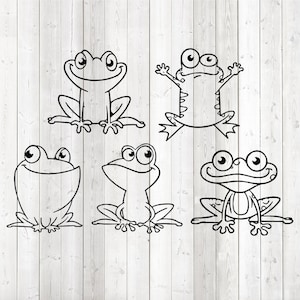 Ensemble de grenouilles joyeuses. Fichier de découpe vectorielle pour Silhouette Cameo et Cricut ; SVG, Studio3, PNG + EPS.