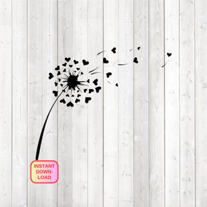 Könnte beinhalten: Ein schwarzes Pusteblumen-Design mit herzförmigen Samen auf weißem Holzgrund. Der Stiel der Pusteblume ist nach oben gebogen, und einige Samen fliegen davon. Die Worte "INSTANT DOWNLOAD" stehen in einer rosa-gelben Box.