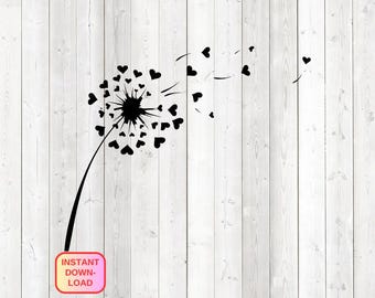 Pissenlit orné de cœurs. Fichier de découpe vectoriel pour Silhouette Cameo et Cricut ; SVG, Studio3, PNG + EPS.