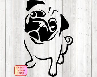 Cute pug, sitting with head tilted, begging. Vector cutting file for Silhouette Cameo and Cricut; SVG, Studio3, PNG + EPS.