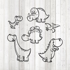 Set van 2 grappige dinosaurussen, in cartoon-stijl. Vector snijbestand voor Silhouette Cameo en Cricut; SVG, Studio3, PNG + EPS.