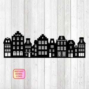 Amsterdam canal houses; Dutch facades. Vector cutting file for Silhouette Cameo and Cricut; SVG, Studio3, PNG + EPS.