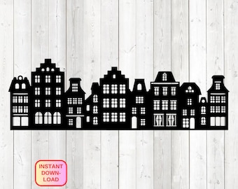 Amsterdam canal houses; Dutch facades. Vector cutting file for Silhouette Cameo and Cricut; SVG, Studio3, PNG + EPS.