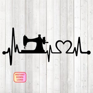 Heartbeat with sewing machine and heart. Vector cutting file for Silhouette Cameo and Cricut; SVG, Studio3, PNG + EPS.
