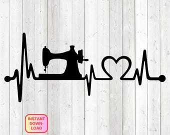 Battements de cœur avec machine à coudre et cœur. Fichier de découpe vectoriel pour Silhouette Cameo et Cricut ; SVG, Studio3, PNG + EPS.