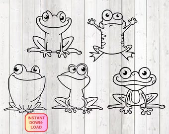 Set of cheerful frogs. Vector cutting file for Silhouette Cameo and Cricut; SVG, Studio3, PNG + EPS.