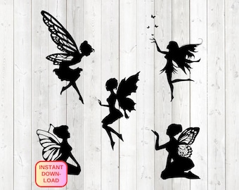 Ensemble de 5 fées, en vol et à genoux. Fichier de découpe vectoriel pour Silhouette Cameo et Cricut ; SVG, Studio3, PNG + EPS.