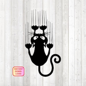 Può includere: Silhouette nera di un gatto attaccato a una superficie, con graffi sopra. Il gatto ha grandi occhi e una coda arricciata. Include il testo "INSTANT DOWNLOAD". Sfondo con venature di legno chiaro.