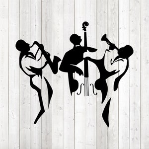 Trio de jazz; saxophone, contrebasse, trompette, silhouettes. Fichier de découpe vectorielle pour Silhouette Cameo et Cricut ; SVG, Studio3, PNG + EPS.