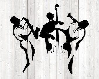 Jazz band trio; saxophone, double bass, trumpet, silhouettes. Vector cutting file for Silhouette Cameo and Cricut; SVG, Studio3, PNG + EPS.